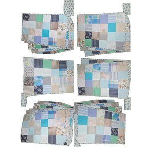 1970s Placemats Set of 6 Handmade Patchwork Blue Tone Floral Themed Dinner Table